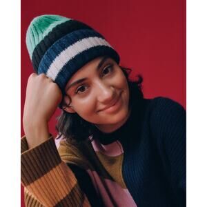 Everlane The Cashmere Unisex Beanie Bright Navy Multi Stripe NWT